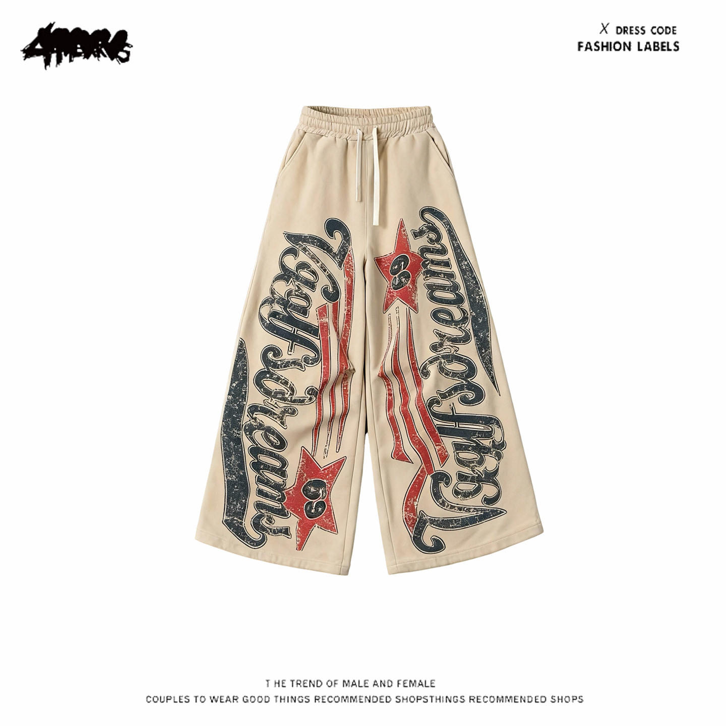 y2k hoodie~美式涂鸦风字母印花阔腿裤女宽松街头潮牌长裤卡其色