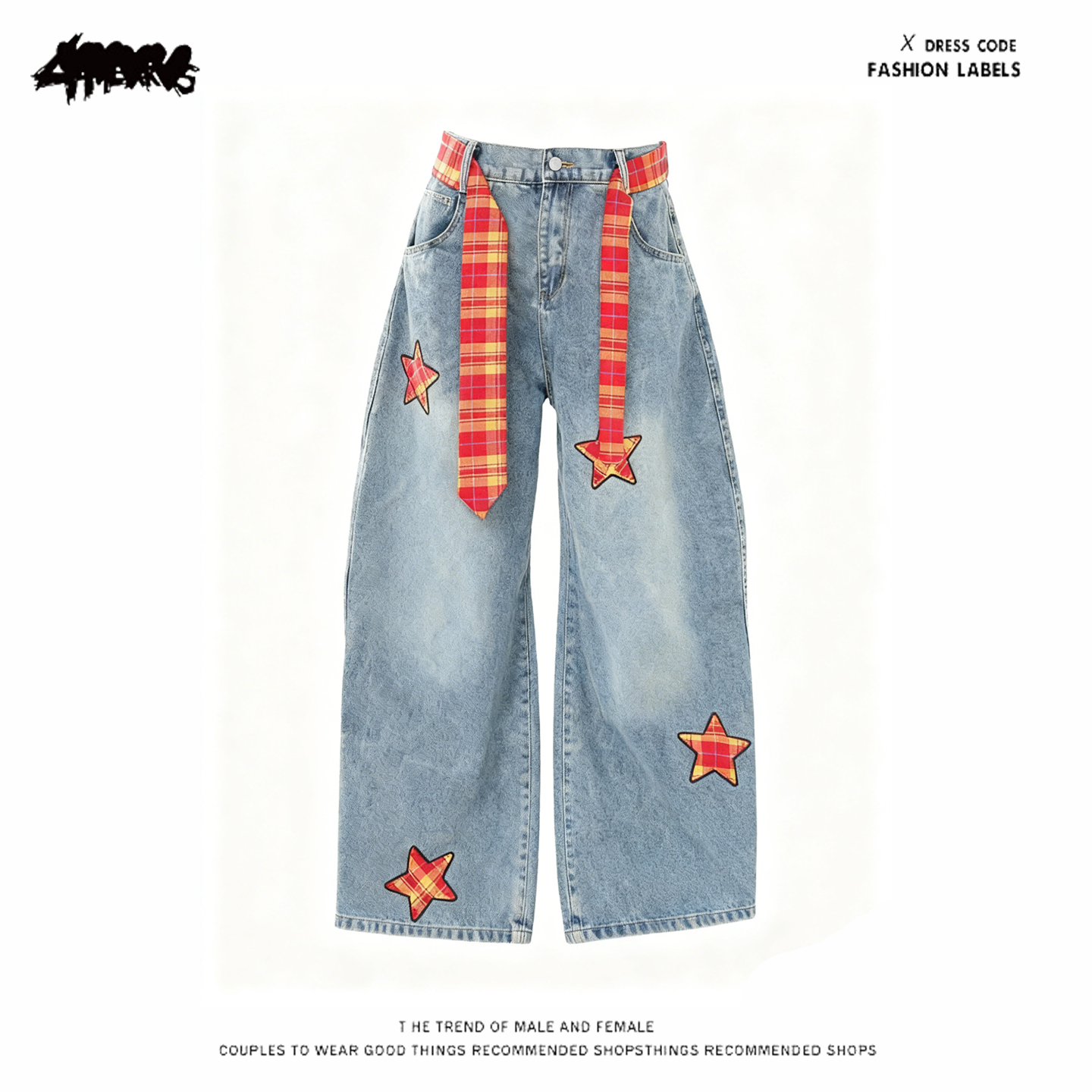 y2k hoodie~式复古星星贴布格纹腰带牛仔裤女高腰宽松阔腿长裤