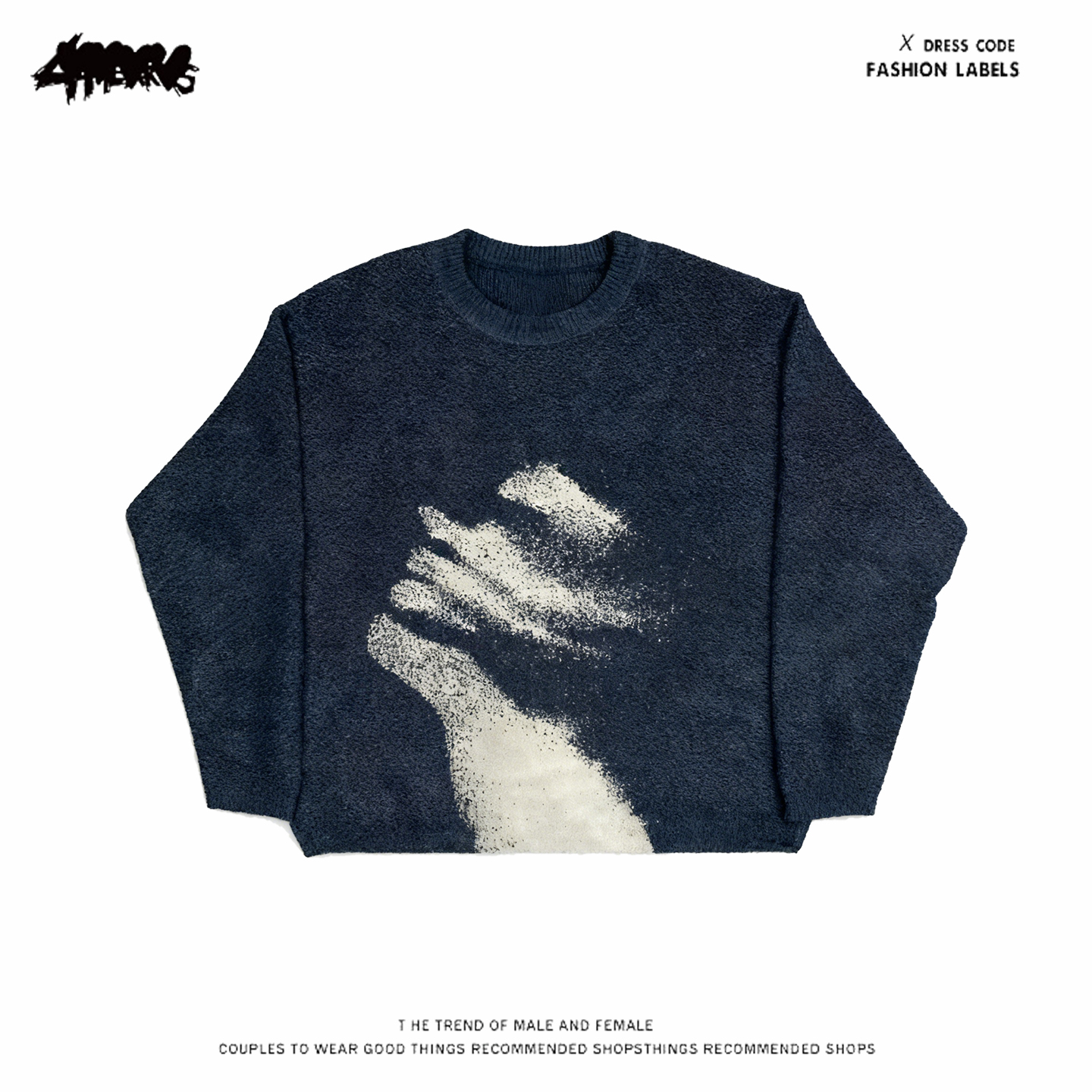 y2k hoodie~复古人物印花圆领针织衫男女宽松套头长袖上衣情侣装