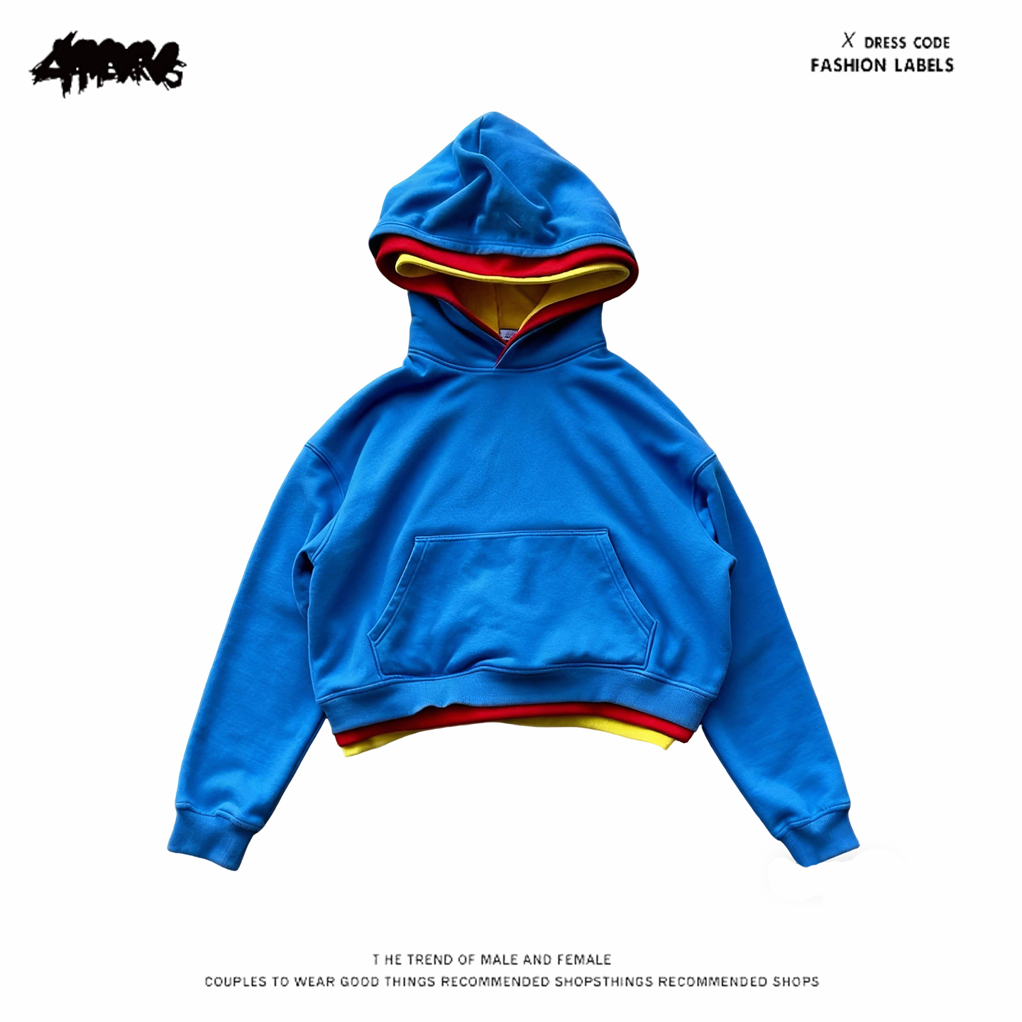 y2k hoodie~街头风宽松连帽卫衣蓝色撞色拼接套头长袖极简风上衣