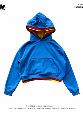 y2k hoodie~街头风宽松连帽卫衣蓝色撞色拼接套头长袖极简风上衣