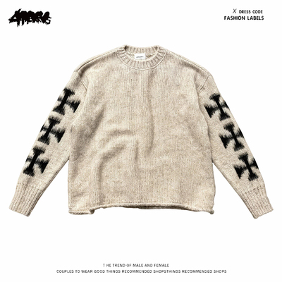 y2k hoodie~高街风马海毛十字架圆领针织毛衣男女宽松套头毛衫