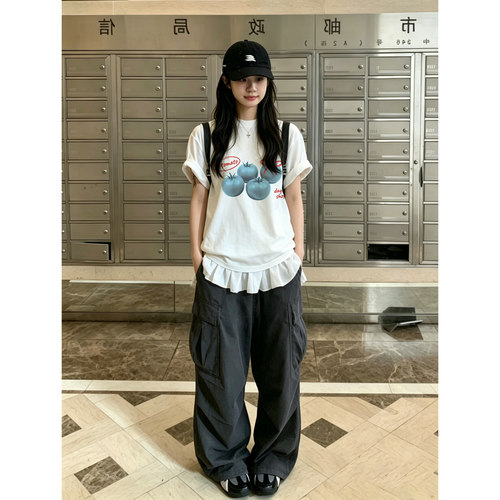 美式小众原创重磅纯棉高克重不透肉元气蓝番茄ins风少女感T恤夏季