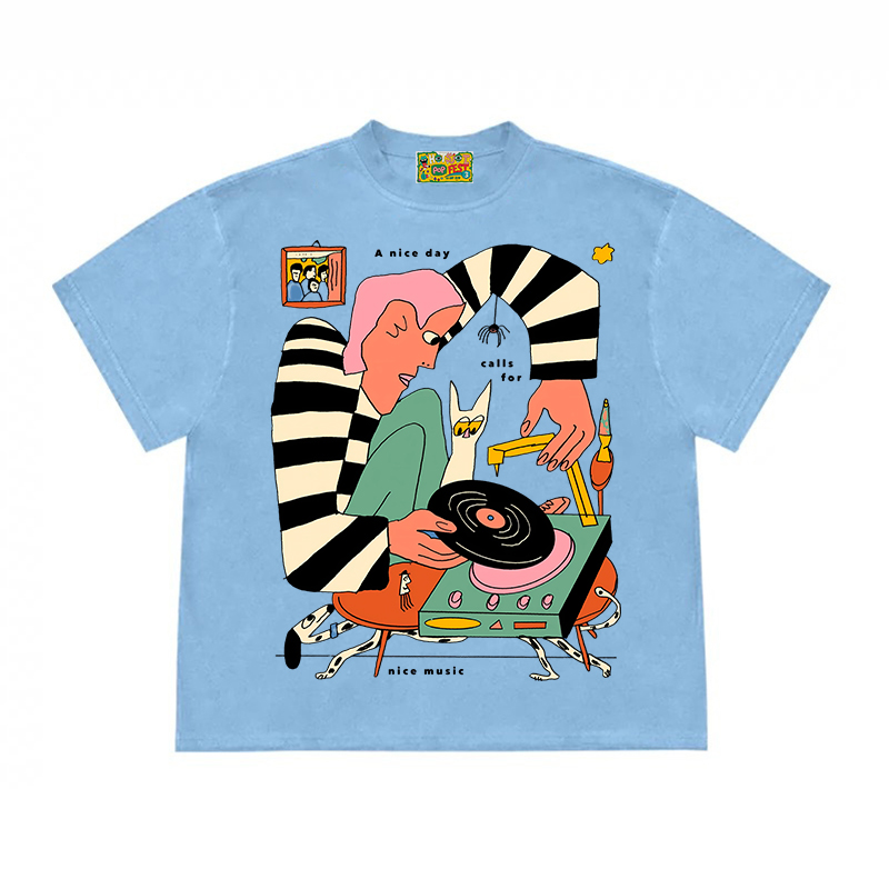 播放音乐印花ins风质感男女短袖