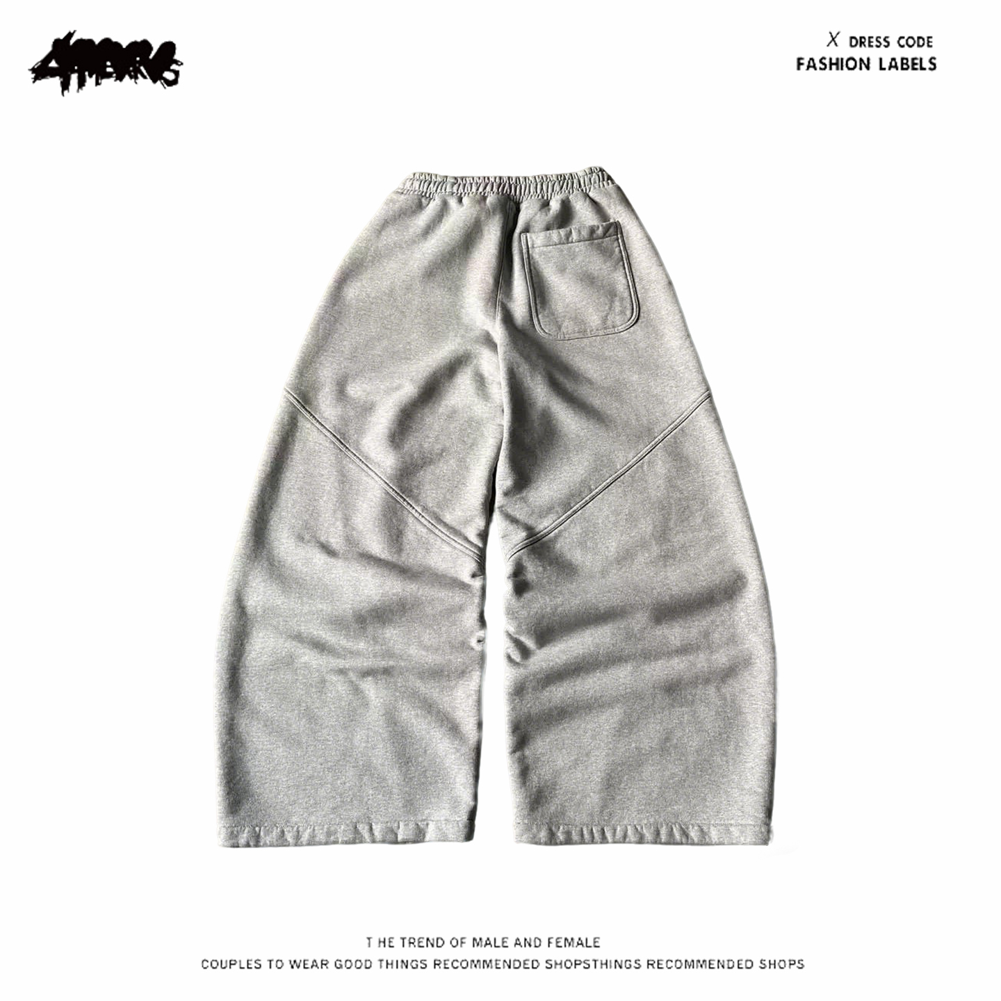 y2k hoodie~街头风宽松阔腿裤灰色重磅纯棉弧形剪裁显瘦休闲长裤