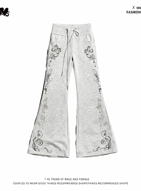 y2k hoodie~街头风黑色印花阔腿裤女宽松bf运动卫裤垂感微喇裤