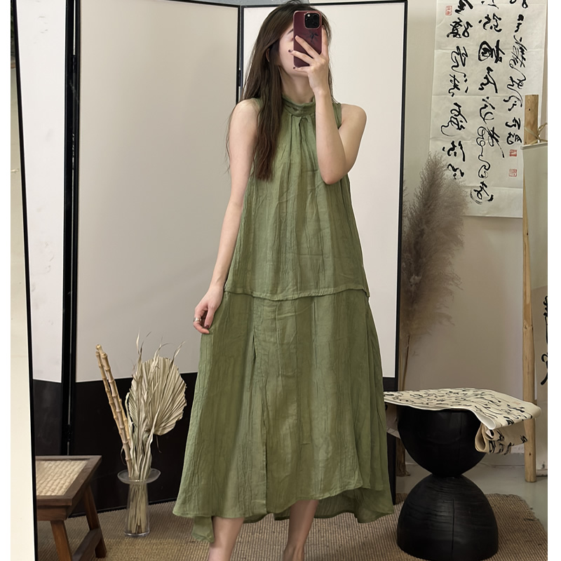 通勤长裙苎麻衬衫后系带领