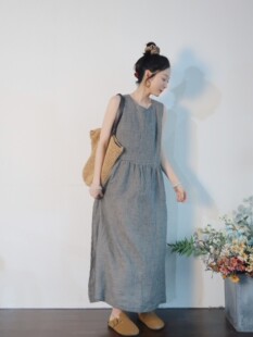 半自由原创2024春夏新款 细格子背带连衣裙长裙 简约气质纯亚麻无袖