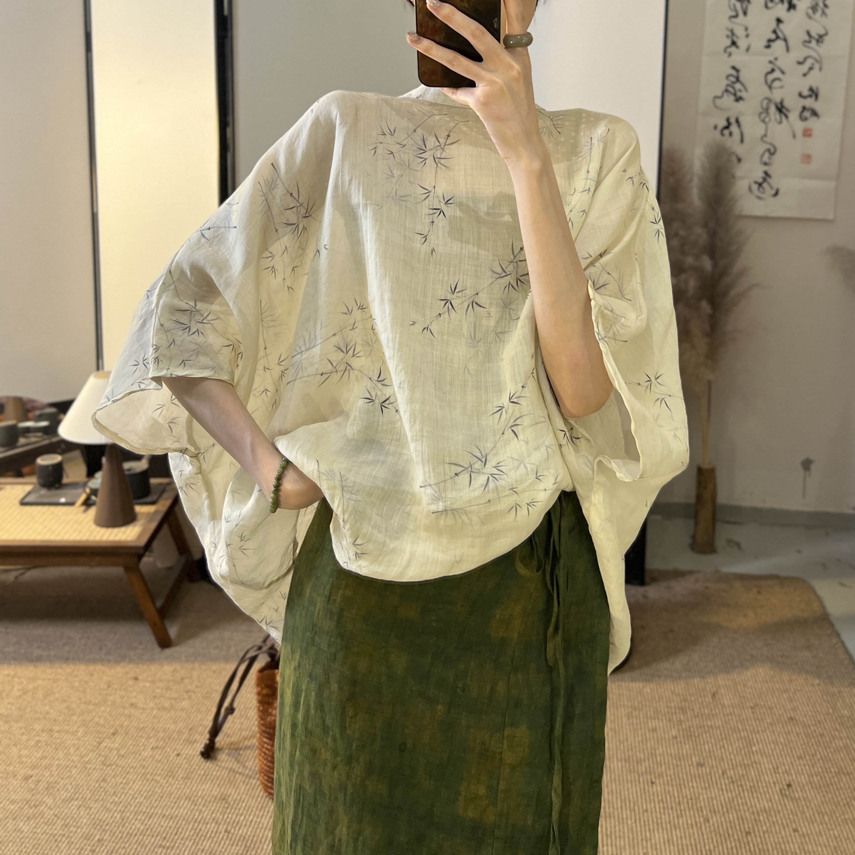 半自由夏季新款文艺禅意风印花苎麻中式小衫蝙蝠袖宽松显瘦上衣