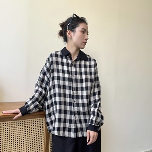 半自由 经典黑格子 秋季新款休闲文艺翻领衬衫100亚麻长袖衬衣女