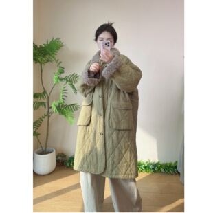 半自由秋冬季新款文艺亚麻棉服高定毛毛领中长款棉服女