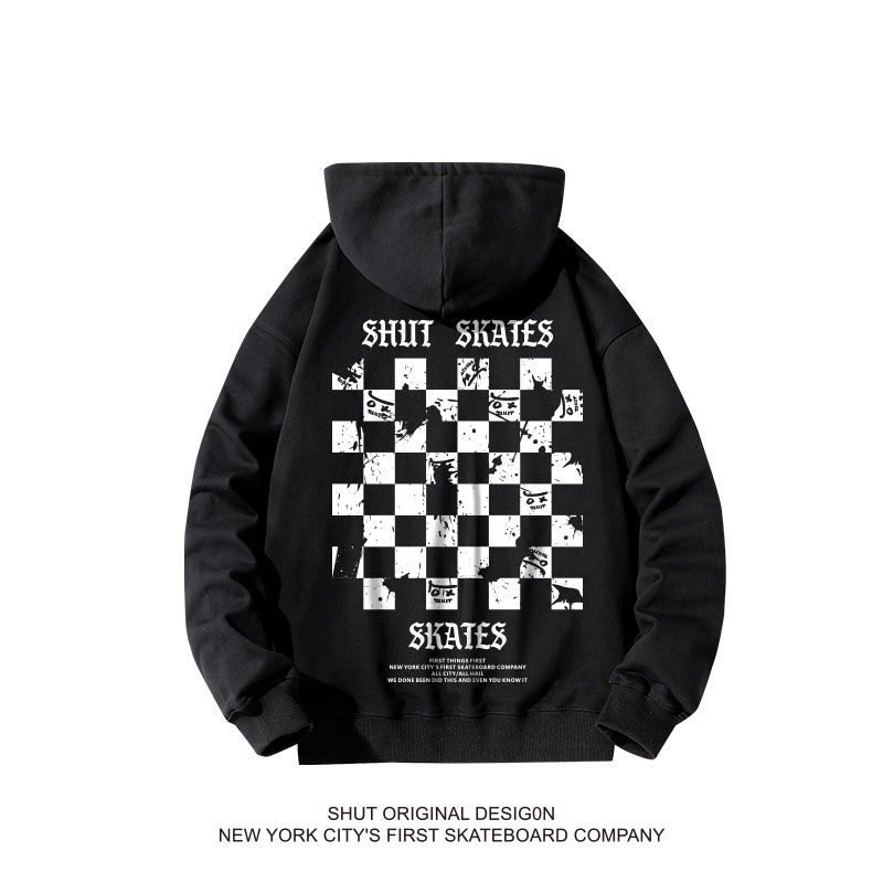 OCW×SHUT联名款棋盘格笑脸印花冬季潮牌加绒连帽卫衣男女情侣款