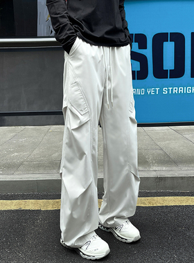 OCW潮牌 美式户外休闲裤男2025春秋新款褶皱拼接宽松直筒工装长裤