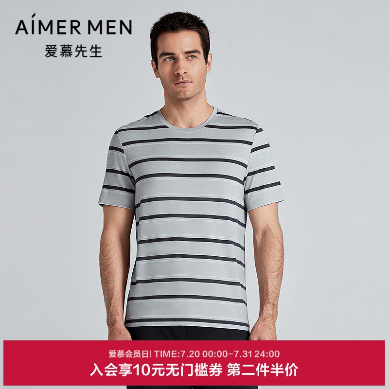 爱慕先生25春夏条纹情怀睡衣男莫代尔舒适圆领套头短袖NS41M021