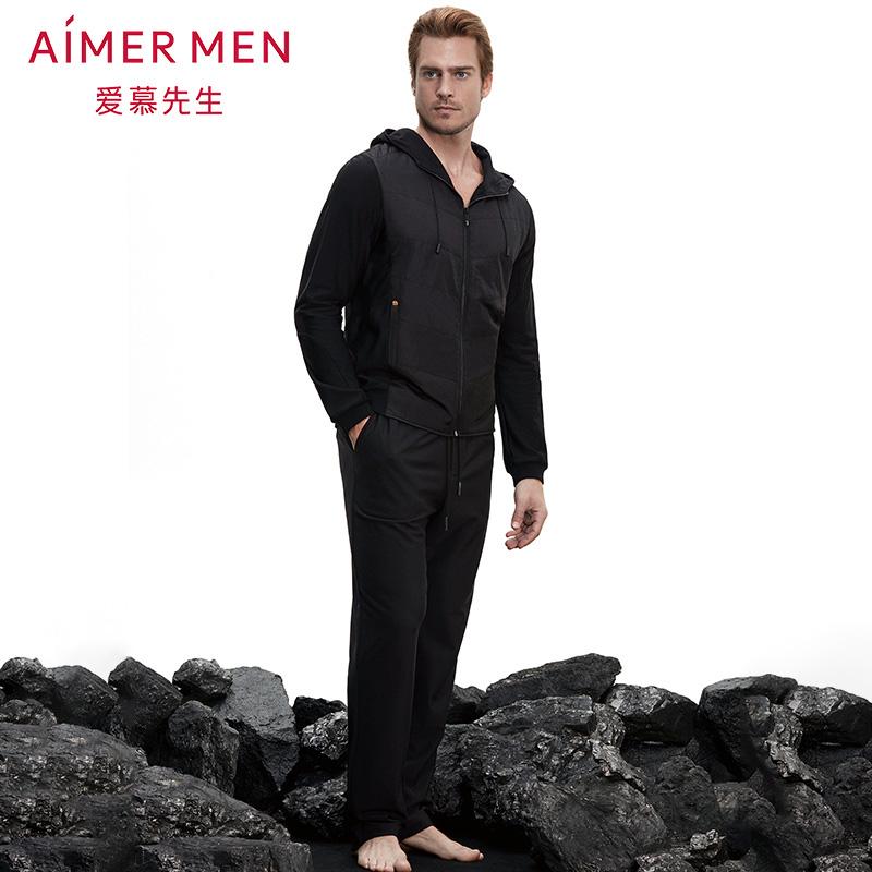 aimer men爱慕先生酷黑运动敞口中绒长裤NS82B361
