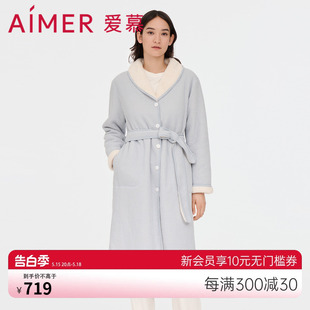 休闲家居服睡袍AM487911 爱慕睡衣女士秋冬加厚可外穿翻领长袖 长款