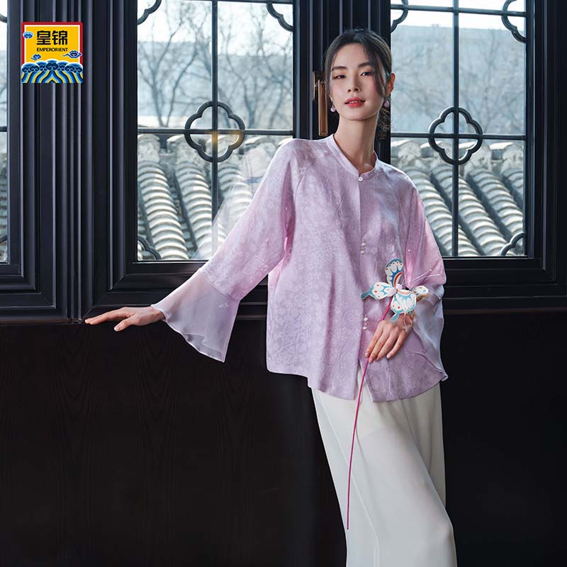 愛慕皇錦女士真絲中提花羅開襟圓領(lǐng)長袖上衣-浣溪沙HJ51050