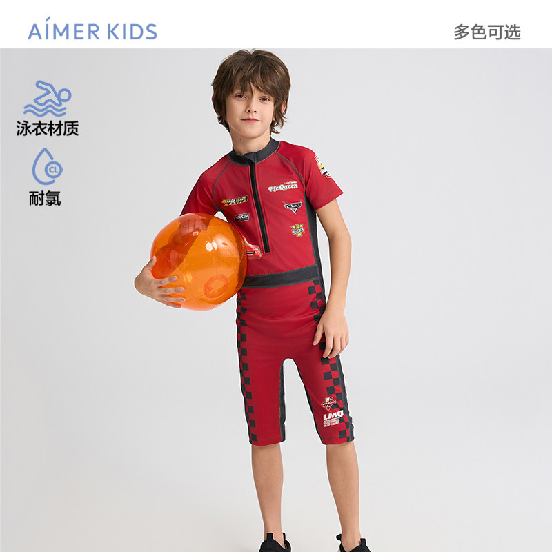 爱慕儿童赛车总动员系列夏男孩耐氯短袖五分裤连体/分身泳衣套装