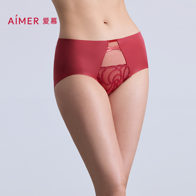 爱慕瑰丽内裤女红品棉质里裆性感蕾丝中腰平角裤AM23C371