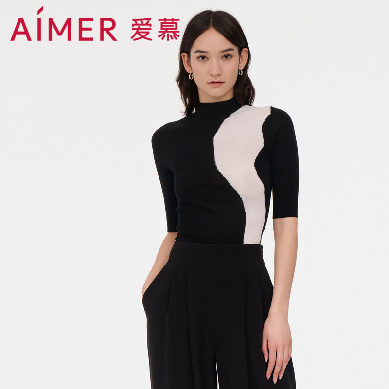 爱慕春夏薄款羊毛针织小高领时尚内搭五分袖上衣AM727983