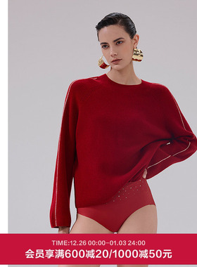AIMER CHUANG和光2秋冬女红含羊绒羊毛插肩袖圆领针织衫CA812053