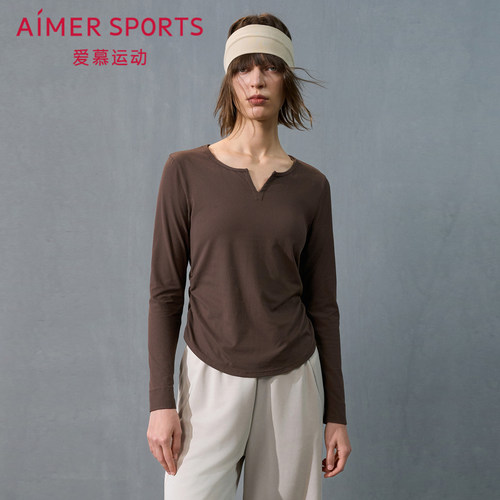 爱慕运动晨风女士修身休闲V领瑜伽长袖打底T恤上衣AS144T21
