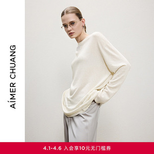 AIMER 上衣CA812272 CHUANG相蕴3春夏女针织亚麻混纺圆领长袖