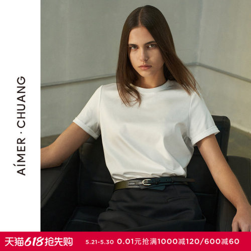 AIMER CHUANG不染女士春夏棉质双面布圆领短袖T恤上衣CA721241
