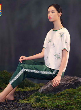 爱慕皇锦真丝印花斜纹缎女士睡衣短袖分身套装家居服-竹韵HJ21454