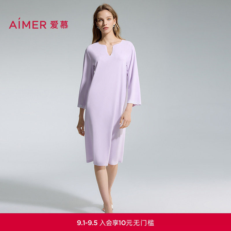 爱慕海藻睡眠衣2女士家居服可外穿深睡圆领九分袖睡裙AM44D561图片