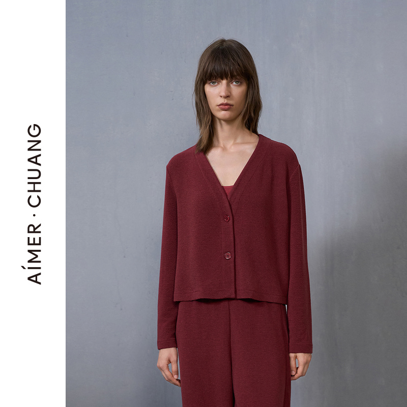 爱慕·CHUANG正品冬季温泉4睡衣女红色含羊毛针织布V领家居服上衣