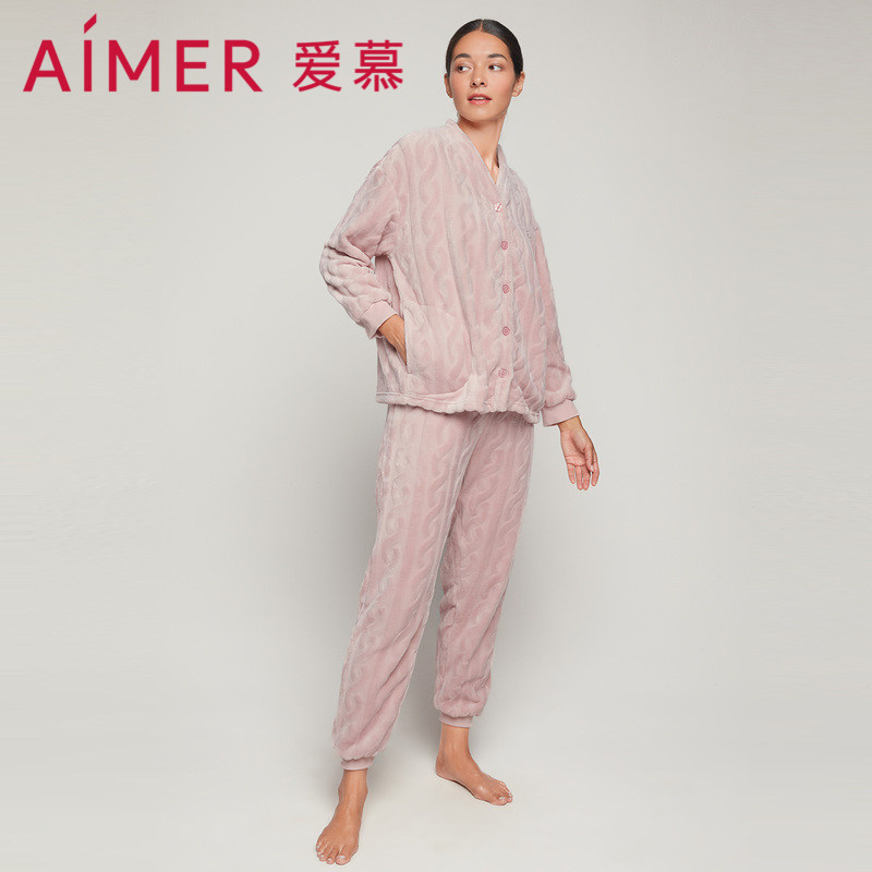 爱慕笑绒绒睡衣女秋冬珊瑚绒开衫长袖长裤分身家居服套装AM466811
