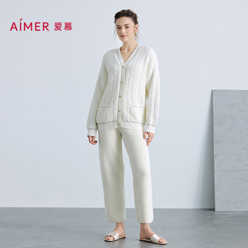 爱慕25秋冬太妃拿铁睡衣女厚V领开衫长袖分身绒家居套装AM46B761