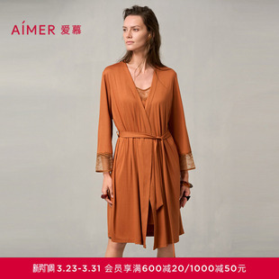 爱慕梦远星河睡衣女24秋冬薄款 蕾丝晨袍莫代尔睡袍家居服AM48A041