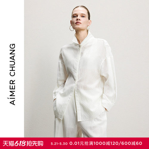 AIMER CHUANG时语3女士含桑蚕丝含羊毛镂空翻领长袖衬衫CA812331