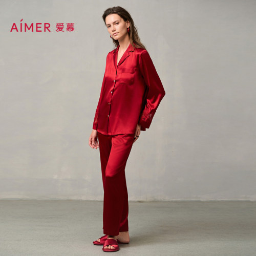爱慕婚礼之夜睡衣女含桑蚕丝本命年红品长袖家居服套装AM46A051