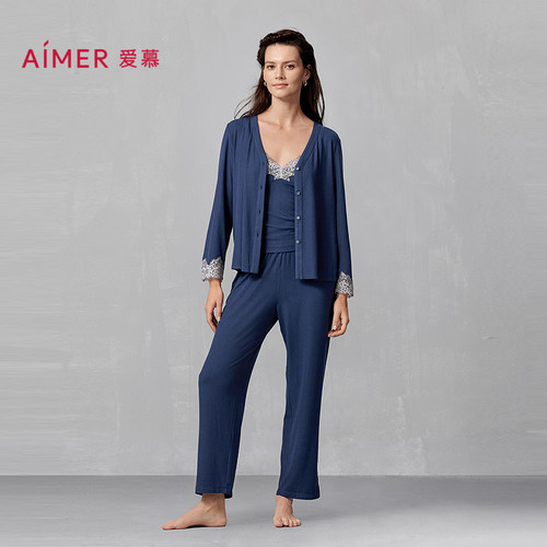 爱慕25SS睡美人长袖开衫带杯吊衣九分裤三件套AM46A851