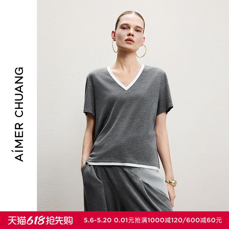 AIMER CHUANG春夏槿言女士含羊毛V领短袖上衣可外穿CA452241