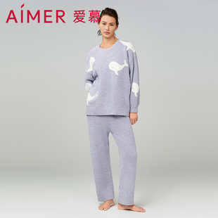 爱慕睡衣女24秋冬本命年红品半边绒长袖长裤分身套装中长睡裙