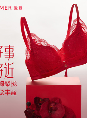 爱慕内衣女无钢圈中厚隐孔红色结婚小胸聚拢文胸AM178301