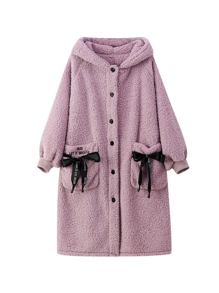 ADORING THE HOODED ELONGATED AND THICKENED DRESSING GOWN FOR LADIES AUTUMN AND WINTER CORAL LAMBSWOOL HOME BATHROBE HX482139