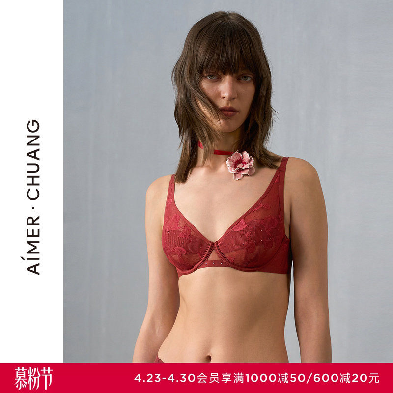 AIMER CHUANG玫瑰4内衣女4/4轻薄杯大胸显小红色文胸CA131401