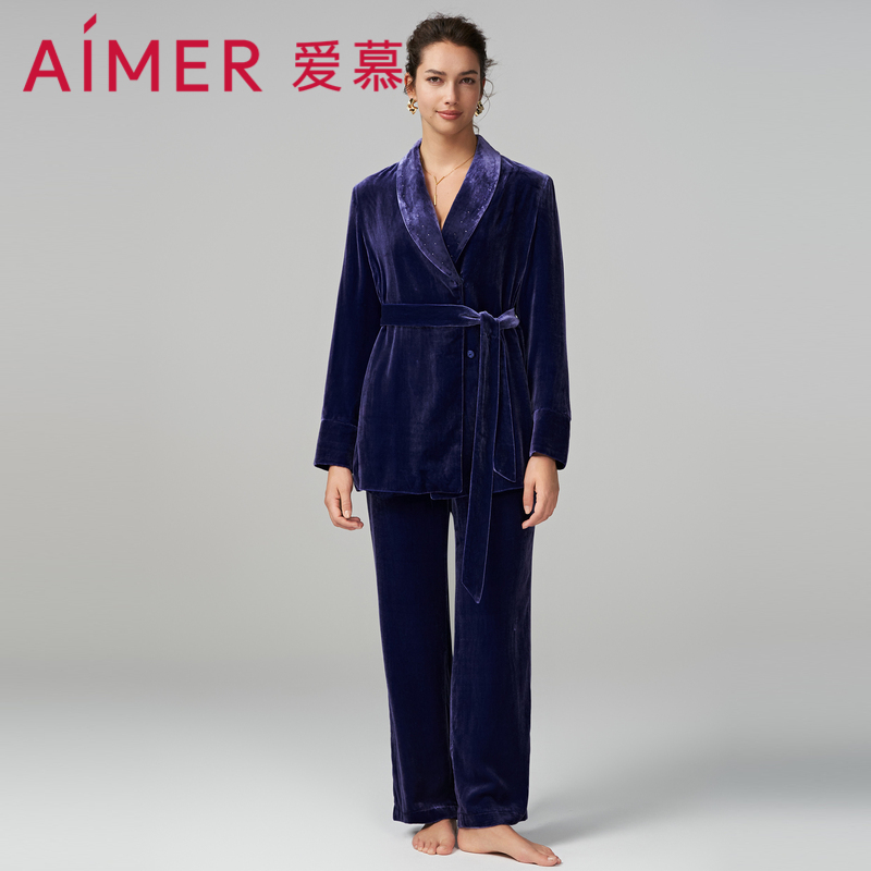 爱慕蔚兰睡衣女秋冬翻领长袖分身套装可外穿家居服AM468931