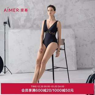 爱慕夏时女海边沙滩温泉收腰显瘦性感深V领镂空连体泳衣AM68B312