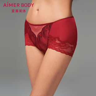 爱慕鎏金墨彩内裤女本命年红品棉质底裆蕾丝高腰平角裤AD230411