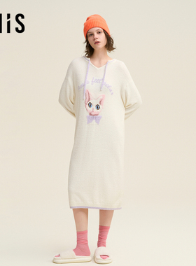 爱美丽德正品文撸猫绒-小白女士款少女学生圆领长袖睡裙IM44BUD1