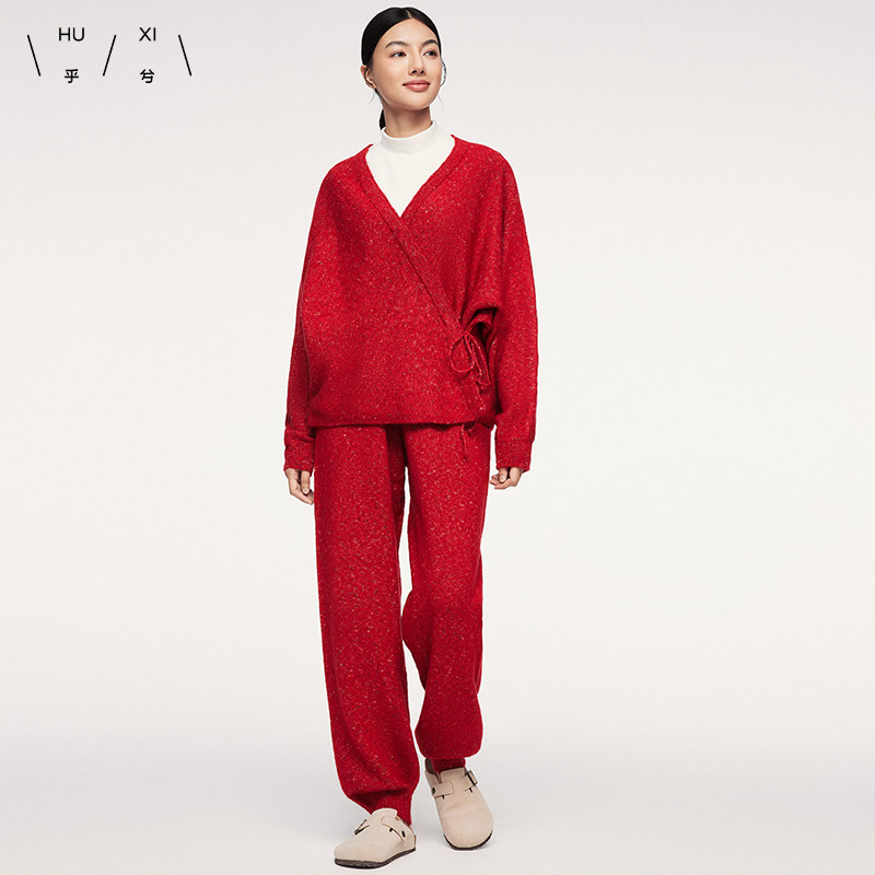 乎兮2024秋冬新款本命年中国风红色针织家居服套装时尚系带女保暖