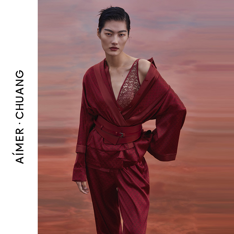 爱慕·CHUANG正品秋衣红色睡衣女含真丝印花中袖开襟上衣CA810311