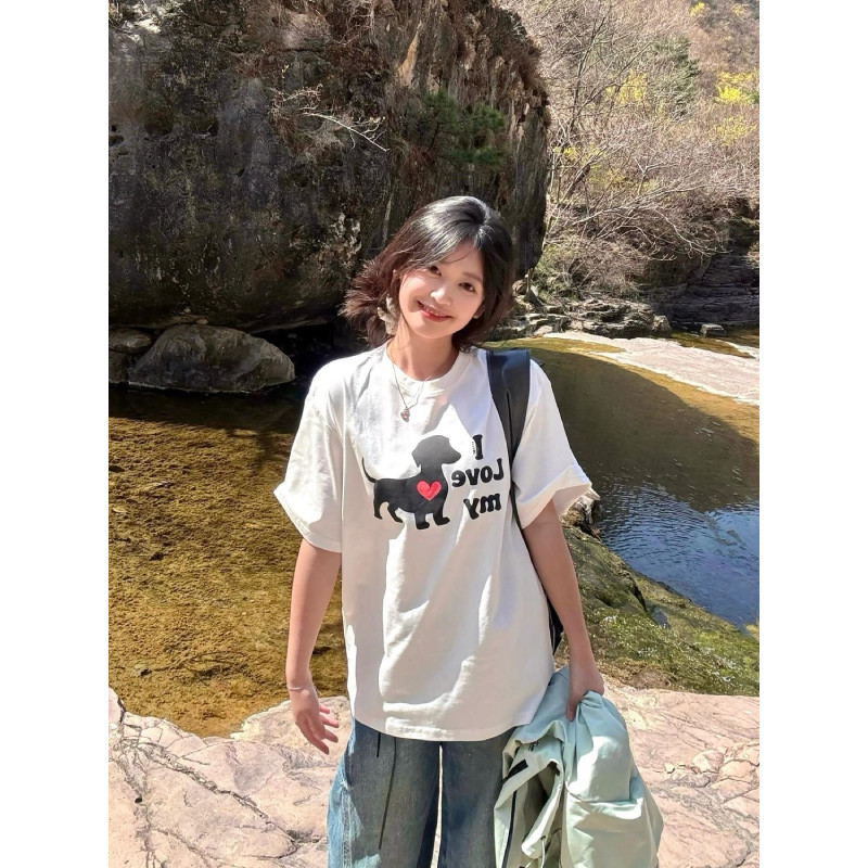 i love my dog小众设计印花短袖T恤女2025夏季新款纯棉圆领上衣潮