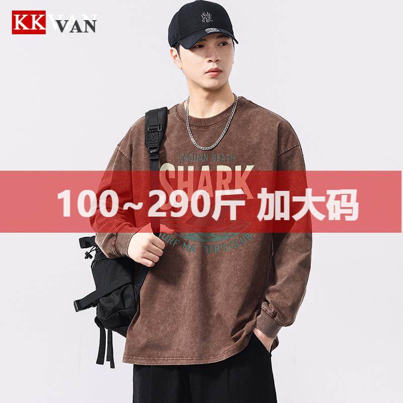300斤大码男装秋季新品复古做旧长袖T恤男宽松水洗立体印花上衣,男装,大码上装,淘宝优惠券,粉丝福利购,淘宝优惠卷